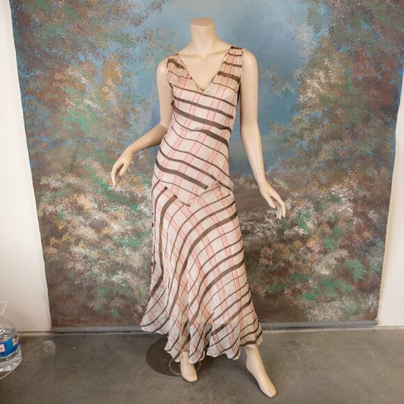 SOLD * 1930s Bias-Cut Plaid Maxi Dress w/Red Sheer Ruffle Overlay Set - Picture 11 of 17